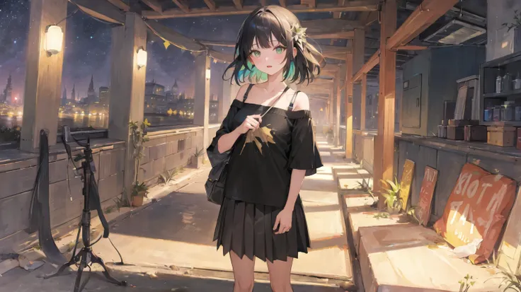 (masterpiece:1.5), illustration, 4k, 8k, (high quality:1.1), highly detailed, detailed face, HDR, vivid colors, natural lighting, ((1girl)), long straight black hair, blunt bangs, green eyes, (off shoulder t-shirt, pleated skirt), standing in tall cityscape, ((night)), stars in the sky, bright colorful lights