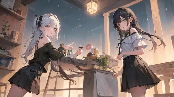 (masterpiece:1.5), illustration, 4k, 8k, (high quality:1.1), highly detailed, detailed face, HDR, vivid colors, natural lighting, ((1girl)), long straight black hair, blunt bangs, green eyes, (off shoulder t-shirt, pleated skirt), standing in tall cityscape, ((night)), stars in the sky, bright colorful lights