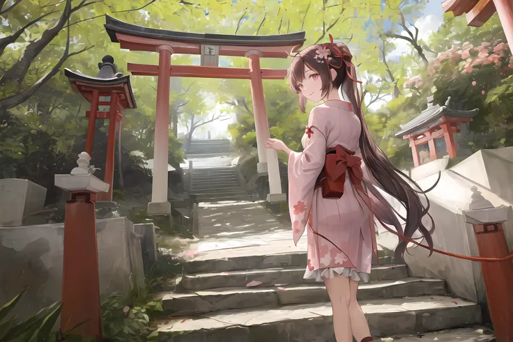 (((masterpiece))), (((best quality))), ((ultra-detailed)), illustration 1girl beautiful detailed eyes with long eyelashes and a hint of purple long black hair with a red ribbon tied in a ponytail windy effect sakura petals flying in the air yukata with [red:white:0.5] color and floral pattern slender figure a pouch hanging from her waist sandals with straps delicate feet large stone torii gate with curved beams and engraved characters stairs leading to a shrine behind her lanterns and statues on both sides of the stairs sakura trees blooming near the torii gate looking back at viewers with a smile and a slight blush on her cheeks ((charming)) ((innocent)) bright colors with contrast and saturation