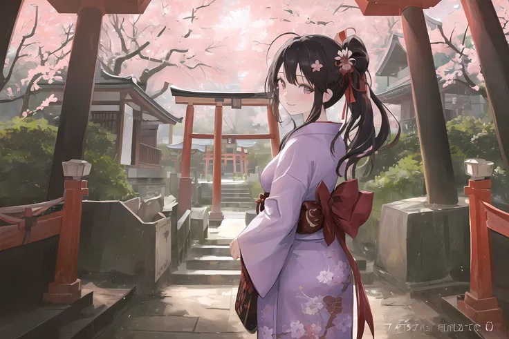 (((masterpiece))), (((best quality))), ((ultra-detailed)), illustration 1girl beautiful detailed eyes with long eyelashes and a hint of purple long black hair with a red ribbon tied in a ponytail windy effect sakura petals flying in the air yukata with [red:white:0.5] color and floral pattern slender figure a pouch hanging from her waist sandals with straps delicate feet large stone torii gate with curved beams and engraved characters stairs leading to a shrine behind her lanterns and statues on both sides of the stairs sakura trees blooming near the torii gate looking back at viewers with a smile and a slight blush on her cheeks ((charming)) ((innocent)) bright colors with contrast and saturation