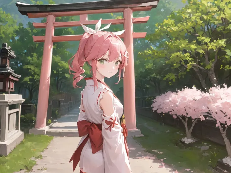 ((masterpiece,best quality)),1girl, pink hair, green eyes, cherry blossoms, day, flower, high ponytail, hair ribbon, (red ribbon:1.3), hair rings, japanese clothes, miko, white thighhighs, white kimono, short sleeves, long hair, looking at viewer, looking back, smile , obi, outdoors, sash, torii, upper body
