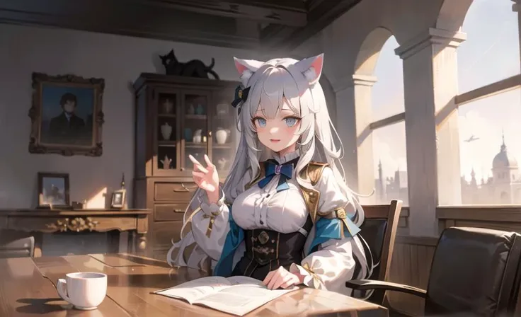 masterpiece, best quality, illustration, extremely detailed, best shadow, ray_tracing, ((beautiful detailed landscape)), (starry sky), ((1girl)), (cat_ears), ((light smile)), (an extremely delicate and beautiful), (large_breasts), long shot, very_long_hair, scifi hair ornaments, (beautiful detailed eyes), (extremely detailed face), cinematic lighting, dramatic angle, (very long sleeves), frills, formal, intricate light, dynamic hair, intricate light, Holy, noble