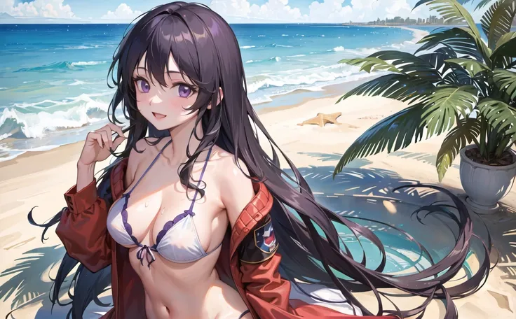 ((4k, masterpiece, best quality, photorealistic:1.5, ultra high res)), 1girl, solo, (beach, palm trees), day, long hair, (dark black hair), floating hair, purple eyes, smile, looking at viewer, standing, wet body, white bikini,swimsuit
