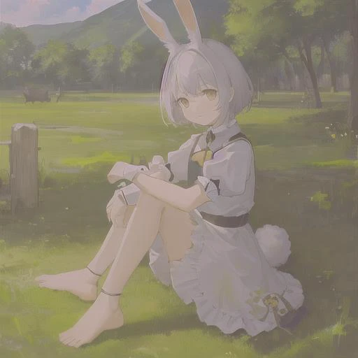 ((masterpiece,best quality)),1girl, solo, animal ears, rabbit, barefoot, knees up, dress, sitting, rabbit ears, short sleeves, looking at viewer, grass, short hair, smile, white hair, puffy sleeves, outdoors, puffy short sleeves, bangs, on ground, full body, animal, white dress, sunlight, brown eyes, dappled sunlight, day, depth of field