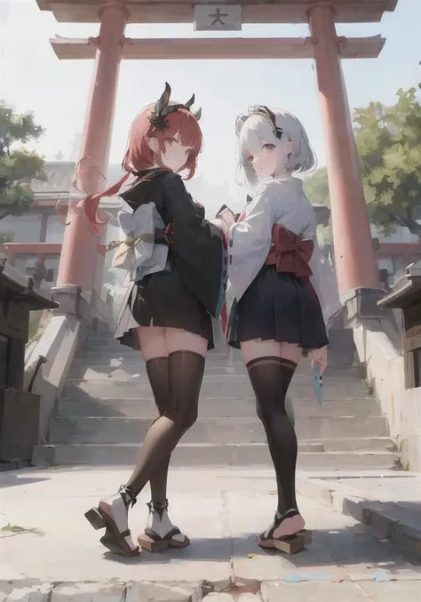 ((masterpiece,best quality)),2girls, black kimono, black legwear, white legwear, spread legs, asymmetrical legwear, black ribbon, white hair, silver hair, very long hair, cherry blossoms, day, flower, japanese clothes, kimono, long hair, looking at viewer, looking back, multiple girls, obi, outdoors, red eyes, red hair, ribbon, sandals, stairs, standing, statue, torii, tree, white kimono, purple eyes, ((odd eyes)), detailed eyes