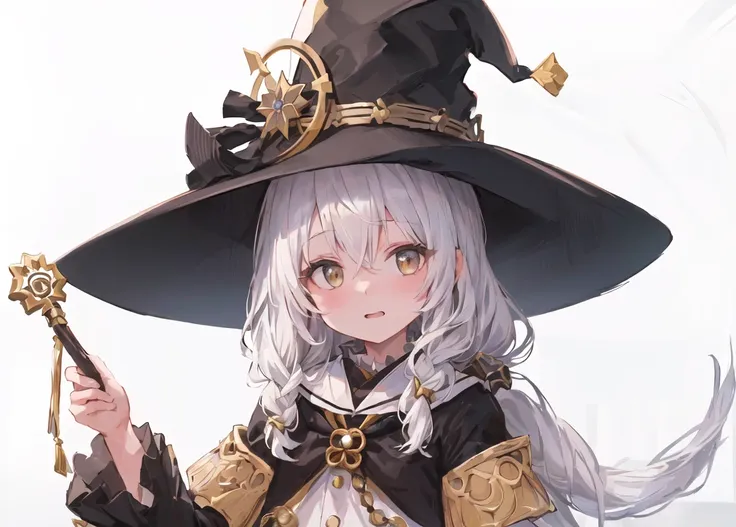 ((high quality)), ((masterpiece)), 8k, 1girl, ((white_hair)), (((Majo no Tabitabi))), ((((elaina)))), black hat, (((golden medal hangs from the top of the hat))), black clothes, ((take the straight black magic wand without any decoration)), gold jk bow tie