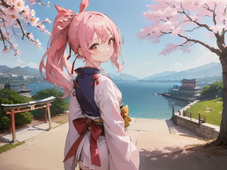 ((masterpiece,best quality)),1girl, pink hair, cherry blossoms, flower, high ponytail, hair ribbon, lake, blue sky, japanese clothes, long hair, looking at viewer, looking back, smile, sunshine, mountain