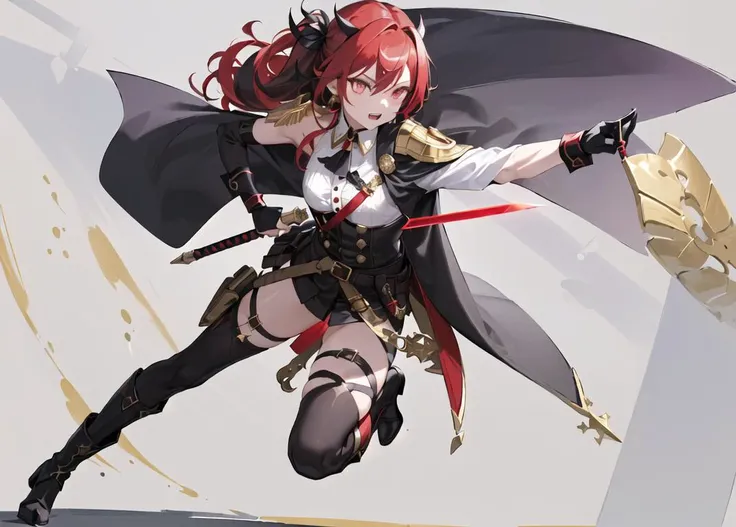 ((masterpiece,best quality))1girl, solo, black pants with red and gold patterns, red eyes, sword with purple tassel, long yellow hair with red highlights and lightning hairpin, combat pose with left arm raised and right arm lowered, electricity sparks around left hand and sword blade, purple cape with gold trimmings covering left shoulder and arm, black shirt with red collar and gold buttons, red belt with gold buckle, black gloves with gold cuffs, black boots with gold heels and toes, gold earrings shaped like lightning bolts, purple eyeshadow and red lipstick, confident and fierce expression on face, determined to win the battle, 2 legs