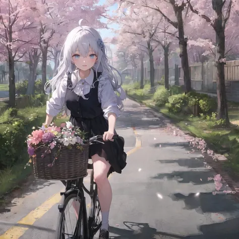 ((masterpiece,best quality,detailed)) 8k, 4k, highres, 1girl, solo, elaina, majo no tabitabi, white hair, ahoge, long hair, braid, blue eyes, bicycle , riding,  bicycle basket, basket, :3, road, on road, flowers, trees, cherry blossoms, white shirt, black skirt, puffy shirt, puffy skirt