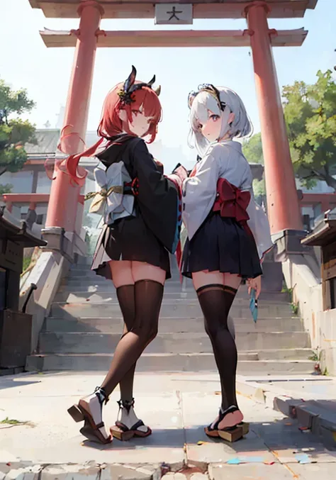 ((masterpiece,best quality)),2girls, black kimono, black legwear, white legwear, spread legs, asymmetrical legwear, black ribbon, white hair, silver hair, very long hair, cherry blossoms, day, flower, japanese clothes, kimono, long hair, looking at viewer, looking back, multiple girls, obi, outdoors, red eyes, red hair, ribbon, sandals, stairs, standing, statue, torii, tree, white kimono, purple eyes, ((odd eyes)), detailed eyes