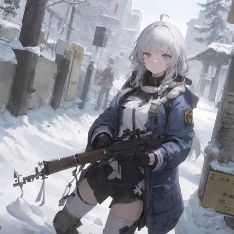 ((masterpiece,best quality,detailed)) 8k, 4k, highres, 1girl, solo, elaina, majo no tabitabi, white hair, ahoge, long hair, braid, blue eyes, :<, winter, snow, snow suit, gun, weapon, rifle, holding weapon, holding trap, head wear