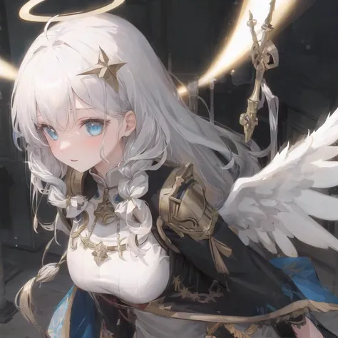 ((masterpiece,best quality,detailed)) 8k, 4k, highres, 1girl, solo, elaina, majo no tabitabi, white hair, ahoge, long hair, braid, blue eyes, angel, galaxy, halo, black shirt, black wings, big wings, prayer