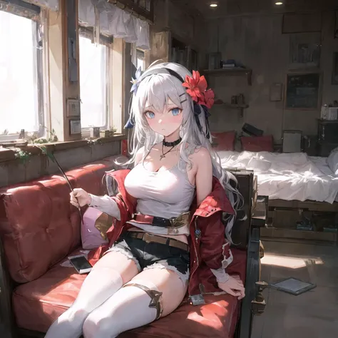 ((masterpiece,best quality,detailed)), 4k,8k,higres, 1girl, solo, elaina, majo no tabitabi, white hair, ahoge, very long hair, braid, blue eyes, :<, standing, tank_top, short shorts, black thighhighs, leg belt, shoes , pendant, hair ribbon, flower ribbon, hairband, hairclip, hair ribbon, hair flower, large breasts, close-up, looking away, floating city, fantasy, cloud