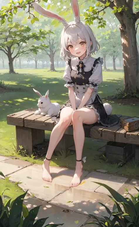 ((masterpiece,best quality)),1girl, solo, animal ears, rabbit, barefoot, knees up, dress, sitting, rabbit ears, short sleeves, looking at viewer, grass, short hair, smile, white hair, puffy sleeves, outdoors, puffy short sleeves, bangs, on ground, full body, animal, white dress, sunlight, brown eyes, dappled sunlight, day, depth of field