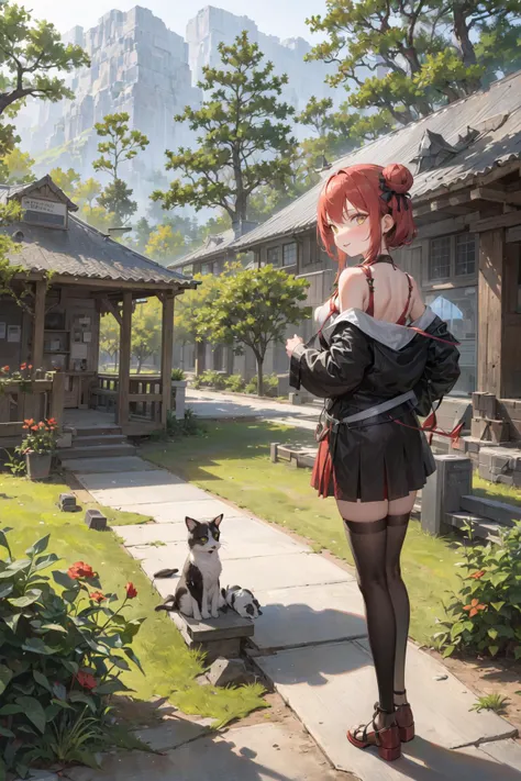 ((masterpiece,best quality)),2girls, short skirt, nip slip, wind-blowing, black legwear, black ribbon, black hair, day, flower, hair bun, hair ribbon, long hair, looking at viewer, looking back, multiple girls, outdoors, red eyes, red hair, ribbon, sandals, single hair bun, standing, statue, trees, yellow eyes, mountains, forest,
