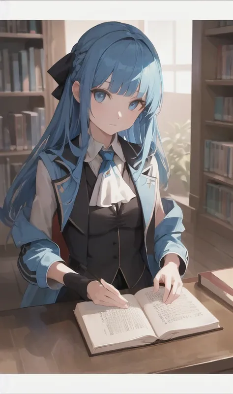 arcane style, 1girl, solo, long hair, bangs, letterboxed, book, closed mouth, blue eyes, ascot, holding, jacket, shiny hair, blue hair, upper body, looking at viewer, holding book, shiny, indoors, white ascot, brooch, asymmetrical bangs , ((masterpiece)) <lora:arcane_offset:1>