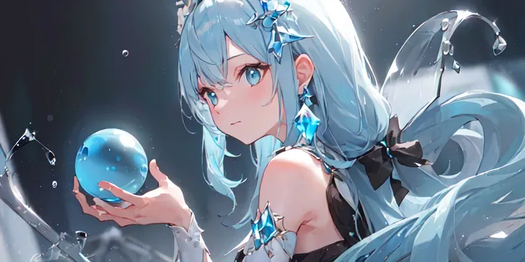 ((masterpiece, best quality)),8K,wallpaper,depth of field,a girl, solo,blue hair,water magic,magician,black hair accessories,jewelry,hair ornament,staff,((beautiful detail light blue crystal ball)),low ponytail,night,long hair,winter,drop earring,close-up