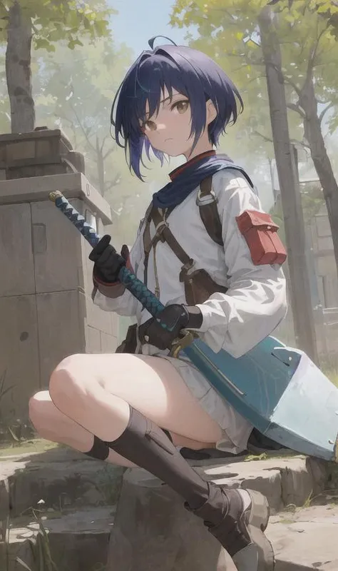 teenager, female, brightness, outdoors,  short-hair, dark-blue-hair, messy-hair, (brown-eyes), (90's-anime), flat-shading, smooth-body, looking-far, wince, glove,fighting, (masterpiece), (((tareme))), closed-mouth, upper-body, best quality, holding a sword