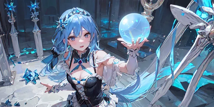 ((masterpiece, best quality)),8K,wallpaper,a girl, solo,blue hair,water magic,magician,black hair accessories,jewelry,hair ornament,Staff,((beautiful blue crystal ball)),low ponytail,fairy,night,long hair