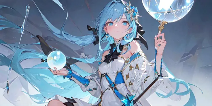 ((masterpiece, best quality)),8K,wallpaper,a girl, solo,blue hair,water magic,magician,black hair accessories,jewelry,hair ornament,staff,((beautiful light blue crystal ball)),low ponytail,night,long hair,winter,drop earring