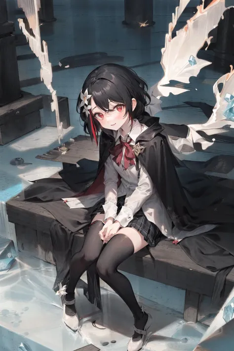 (white and gold accent details on body outfit:1.05), (negative space:1.4), (full body), 1girl, ((solo)), looking at viewer, portrait, from above, masterpiece, extremly detailed, ((Cinematic lighting)), (glowing), ((dramatic lighting)), ((beautiful detailed glow)), smirk, blush, intricate detail, lens flare, (black hair:1.5), (short hair:1.2), (ice wings:1.6), floating crystals, light particles, (small:1.5), (red eyes:1.3), (pink eyes:0.4), (night:1.3), (flower:1.25), glowing, floating sparkles, floating hair, (forehead:1.3), (missb0tez:1.3), ray tracing, diffraction spikes, (fireflies:1.2), wisps, thigh bands, alice \(alice in wonderland\), (black theme:1.1), red cape, (((pleated skirt))), frilled skirt, layered skirt, overskirt, (plaid skirt:1.15), collared shirt, suit jacket, (white shirt:1.4), red armor, ((asymmetrical legwear)), floating cape, cape: 10 layers, ((long coat, open jacket)), straight hair, (streaked hair:1.3), hair over one eye, asymmetrical bangs, swept bangs, head tilt, (depth of field:0.4), dynamic composition, <lora:theovercomer8sContrastFix_sd15:0.6>