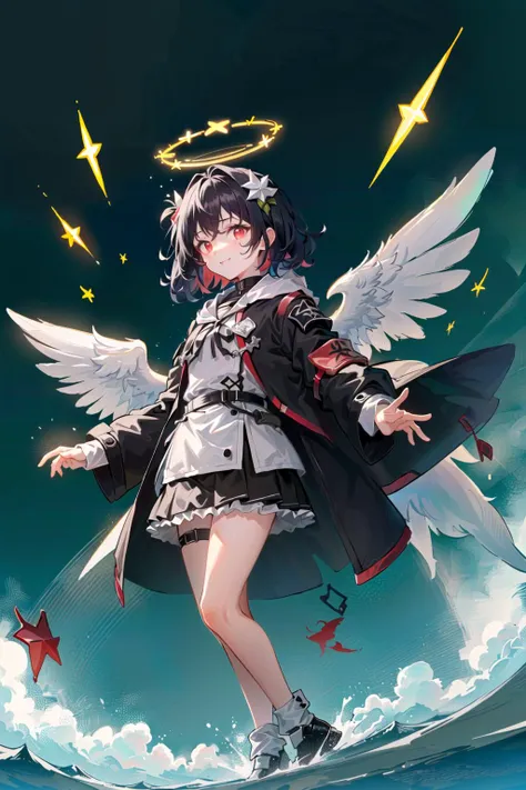 [[((prism, glowing, glitter, particles, bloom, extra lights, cinematic lights, glowing white particles, +a)), (small:1.5),(Highest picture quality),(Master's work), (ultra-detailed),(Detailed eye description:1.2),(floating colorful wind:1.4),(jumping:1.4),(leaning to the side:1.3),(manny colorful clouds and thorns and spikes:1.0),(clouds sea:1.4),(lens flare:1.3),(smirk:1.2), (closed mouth:1.17),(movie poster:1.0),(Tarot border:1.2),(red armor:1.5), (eyelashes), ((formal,military)),(skirt:1.4),(light particles:1.3),(red ribbons:1.3),floating ribbons,(crystal magic:1.3),(thigh bands),(black hair:1.5),(short hair:1.6),the portrait is centered,(from below:1.1),looking away,(close-up:1.2),(chaotic geometric images:1.3),(nagative space:0.8), (negative space:1.6),(drawing board:1.3),(halo:1.3),(ether colorful ink flowing:1.3),(red eyes:1.5), ((reflection, (neon lights:1.3))), ((colorful, multicolored)), night, (forehead:1.3), sky, shiny,  ((solo)), , (long coat:1.2), , (asymmetrical hair:1.6), head wings, ice wings, (missb0tez:1.2) (4ndreab0tez-1850:1.2), (beautiful detailed glow:1.6),black theme,red theme]], spotlight, bright, dark intense shadows, cinematic lighting, finely detailed beautiful face and eyes, 8k, <lora:theovercomer8sContrastFix_sd15:0.4>