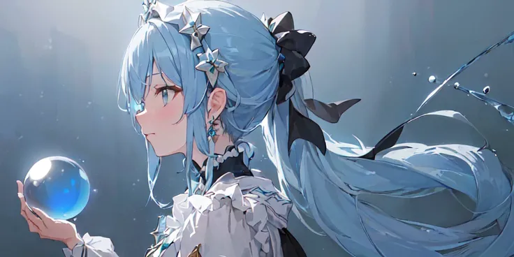((masterpiece, best quality)),8K,wallpaper,depth of field,a girl, solo,blue hair,water magic,magician,black hair accessories,jewelry,hair ornament,staff,((beautiful detail light blue crystal ball)),low ponytail,night,long hair,winter,drop earring,close-up