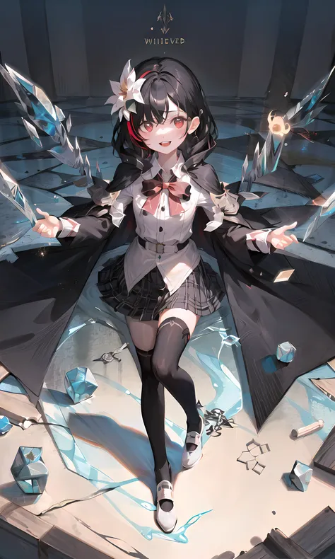(white and gold accent details on body outfit:1.05), (negative space:1.4), (full body), 1girl, ((solo)), , portrait, from above, masterpiece, extremly detailed, ((Cinematic lighting)), (glowing), ((dramatic lighting)), ((beautiful detailed glow)), light smile, blush, intricate detail, lens flare, (black hair:1.5), (short hair:1.2), (ice wings:1.6), floating crystals, light particles, (small:1.5), (red eyes:1.3), (pink eyes:0.4), (night:1.3), (flower:1.25), glowing, floating sparkles, floating hair, (forehead:1.3), (missb0tez:1.3), ray tracing, diffraction spikes, (fireflies:1.2), wisps, thigh bands, alice \(alice in wonderland\), (black theme:1.1), red cape, (((pleated skirt))), frilled skirt, layered skirt, overskirt, (plaid skirt:1.15), collared shirt, suit jacket, (white shirt:1.4), red armor, ((asymmetrical legwear)), floating cape, cape: 10 layers, ((long coat, open jacket)), straight hair, (streaked hair:1.3), hair over one eye, asymmetrical bangs, swept bangs, head tilt, (depth of field:0.4), dynamic composition, <lora:theovercomer8sContrastFix_sd15:0.6>