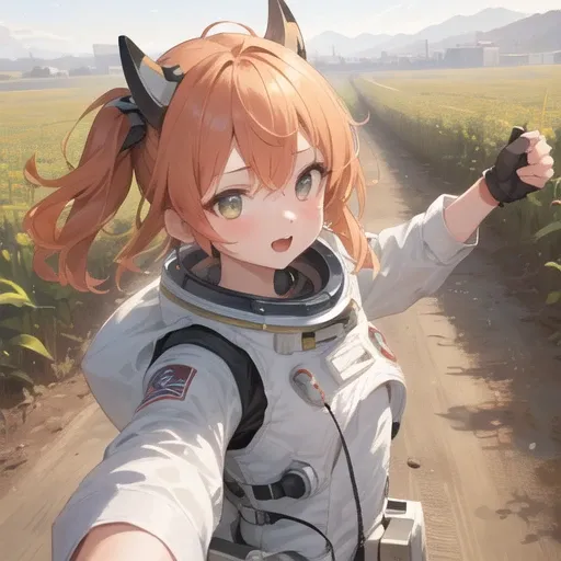 yellow_wavy_hair, very_beautiful_face, beautiful_eyes, no_helm, 1girl, space suit, fighting gesture, in corn field on Mars,((masterpiece,best quality))