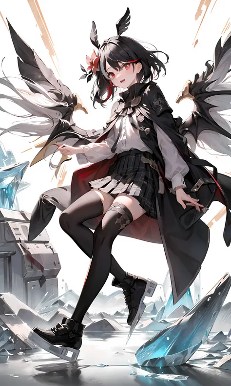 (white and gold accent details on body outfit:1.05), (negative space:1.4), (full body), 1girl, ((solo)), looking at viewer, ,, from below, masterpiece, extremly detailed, ((Cinematic lighting)), (glowing), ((dramatic lighting)), ((beautiful detailed glow)), light smile, blush, intricate detail, lens flare, (black hair:1.5), (short hair:1.2), (ice wings:1.6), floating crystals, light particles, (small:1.5), (red eyes:1.3), (pink eyes:0.4), (night:1.3), (flower:1.25), glowing, floating sparkles, floating hair, (forehead:1.3), (missb0tez:1.3), ray tracing, diffraction spikes, (fireflies:1.2), wisps, thigh bands, alice \(alice in wonderland\), (black theme:1.1), red cape, (((pleated skirt))), frilled skirt, layered skirt, overskirt, (plaid skirt:1.15), collared shirt, suit jacket, (white shirt:1.4), red armor, ((asymmetrical legwear)), floating cape, cape: 10 layers, ((long coat, open jacket)), straight hair, (streaked hair:1.3), hair over one eye, asymmetrical bangs, swept bangs, head tilt, (depth of field:0.4), dynamic composition, <lora:theovercomer8sContrastFix_sd15:0.6>