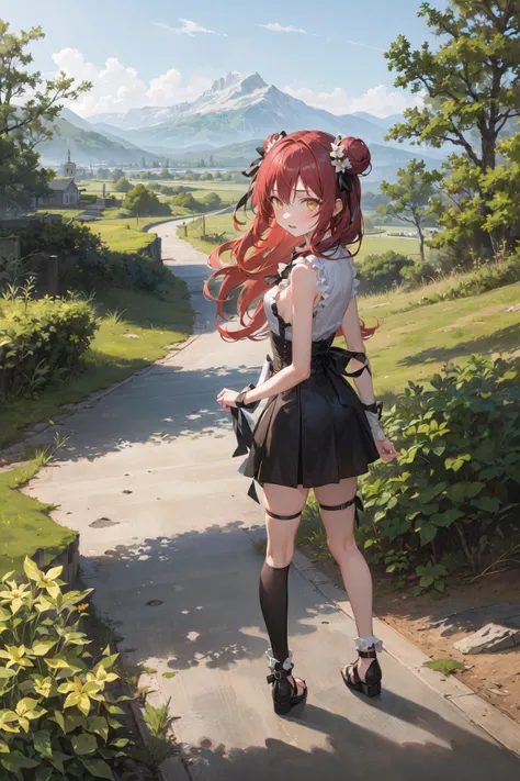 ((masterpiece,best quality)),2girls, short skirt, black legwear, black ribbon, black hair, day, flower, hair bun, hair ribbon, long hair, looking at viewer, looking back, multiple girls, outdoors, red eyes, red hair, ribbon, sandals, single hair bun, standing, statue, trees, yellow eyes, mountains, hills, forest,
