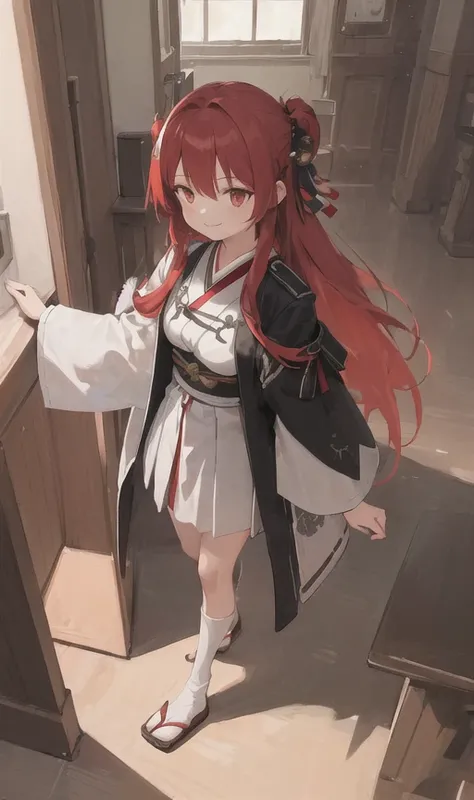 ((masterpiece,best quality)),1girl, long hair, red hair, solo, dress, red eyes, looking at viewer, long sleeves, standing, building, white dress, hair ornament, black jacket, smile, floating hair, dutch angle, closed mouth, looking away, indoors , japanese
