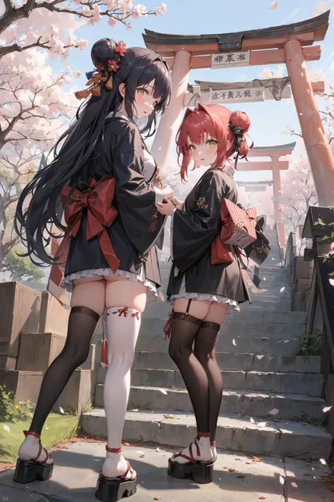 ((masterpiece,best quality)),2girls, black kimono, black legwear, black ribbon, black hair, cherry blossoms, day, flower, hair bun, hair ribbon, japanese clothes, kimono, long hair, looking at viewer, looking back, multiple girls, obi, outdoors, red eyes, red hair, ribbon, sandals, single hair bun, stairs, standing, statue, torii, tree, white kimono, yellow eyes