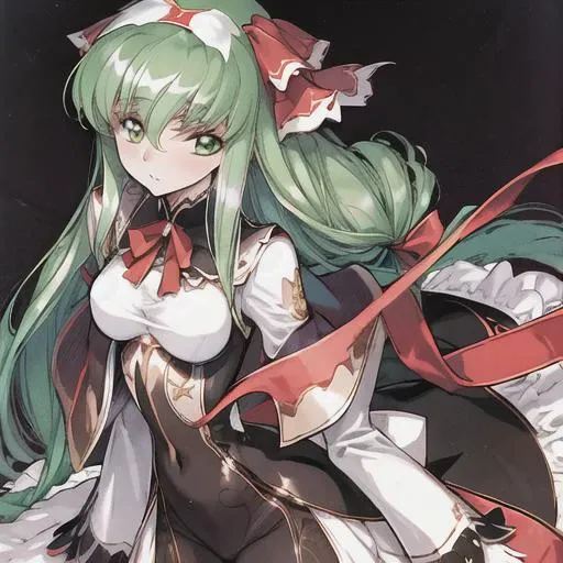 <lora:TsumasakyCCCodeGeass_v1:1.0>,<lora:t2ArtWorksTonyTaka_1:1.0>, <lora:urushi_satoV7:1.1>, a young beautiful woman, best quality, ultra high res,tokyo fashion,green hair,very_long_hair,black dress,ribbon