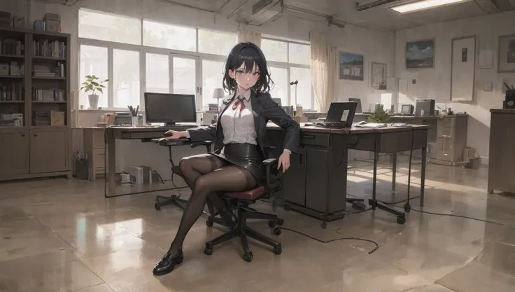 ((masterpiece)), (photorealistic:1.4),1girl,solo,unhappy,computer,office chair, night,night sky,office shot,office uniform,bodysuit, black suit,black skirt, black Pantyhose,leather shoes,black hair,sitting on chair