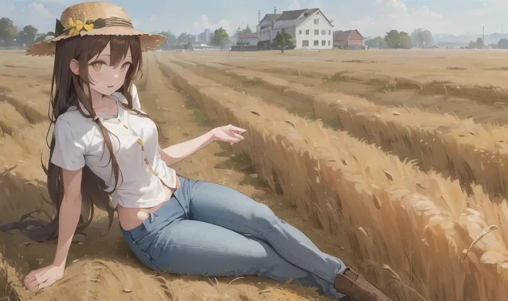 ((masterpiece,best quality)), 1girl, long brown hair, beige eyes, sun-baked skin, farm, wheat, arms down, yellow shirt, buttons open, sweat, cutting wheats, jeans, farmer, weed,