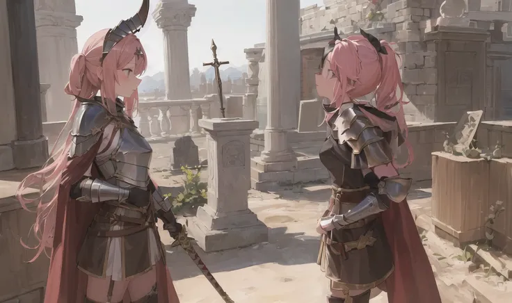 ((masterpiece,best quality)),2girls, long blonde hair, ((ancient battlefield)), warrior, sword, leather armor, bandage on hands, medium pink hair, spear, black cloak, legs, long boots, :<, standing on arena,