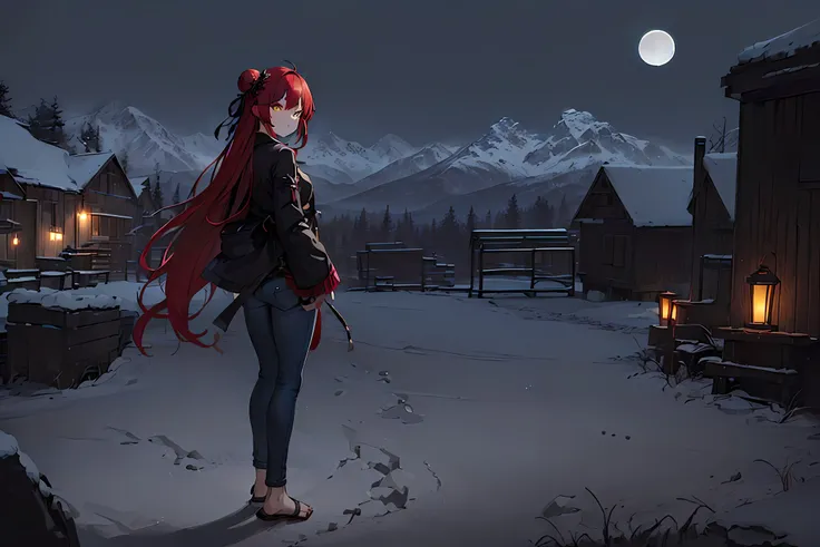 ((masterpiece,best quality)),(night scene:1.3), 1girl, jeans, black legwear, black ribbon, black hair, day, flower, hair bun, hair ribbon, long hair, looking at viewer, looking back, outdoors, red hair, ribbon, sandals, single hair bun, standing, statue, trees, yellow eyes, mountains, hills, forest,(close up large moon:1.3), stunning background <lora:epiNoiseoffset_v2:1.7>