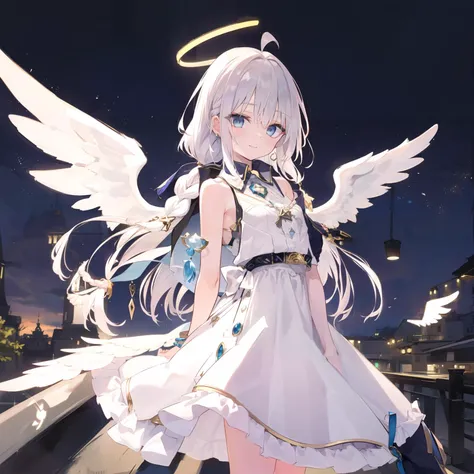 ((masterpiece,best quality,detailed)), 4k,8k,higres, 1girl, solo,<lora:majoNoTabitabiElaina_v20:0.8>, elaina, majo no tabitabi, white hair, ahoge, long hair, braid, blue eyes, ((angel wings, big wings, white dress)), gold bracelet, gold chokerm gold trim, angel wings, armpit, dress, ribs, floating, jewelry, halo, ((bare arms, bare shoulder, arms behind back))