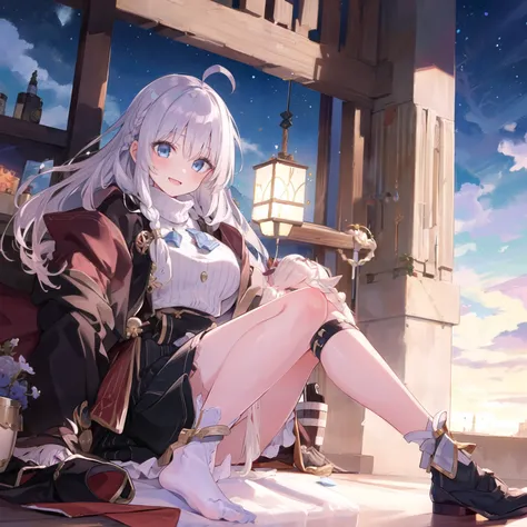((masterpiece,best quality,detailed)), 4k,8k,highres, 1girl, solo, <lora:majoNoTabitabiElaina_v20:0.8>, elaina, majo no tabitabi, white hair, ahoge, long hair, braid, blue eyes, shirt, sweater, broom, broom riding, large breasts, sky, starry sky, night, :D