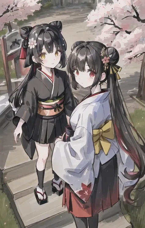 ((masterpiece,best quality)),2girls, black kimono, black legwear, black ribbon, black hair, cherry blossoms, day, flower, hair bun, hair ribbon, japanese clothes, kimono, long hair, looking at viewer, looking back, multiple girls, obi, outdoors, red eyes, red hair, ribbon, sandals, single hair bun, stairs, standing, statue, torii, tree, white kimono, yellow eyes
