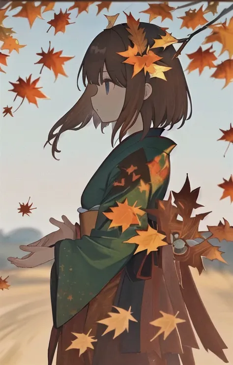((masterpiece,best quality)),1girl, bangs, blue eyes, blurry background, branch, brown hair, dappled sunlight, flower, from side, hair flower, hair ornament, japanese clothes, kimono, leaf, (maple leaf:1.9), obi, outdoors, sash, solo, sunlight, upper body