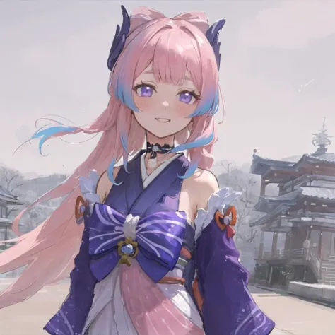 (((masterpiece))),(((best quality))), ((ultra-detailed)), (best illustration), 1girl, solo, blush, smug, smile, purple eyes, choker, gradient eyes, no pupils, multicolored_hair, pink hair, blue hair, long hair,<lora:sangonomiyaKokomi_v10:0.5>, sangonomiya kokomi, ((kimono)), outdoors, sakura trees, sakura, facing towards viewer, front view