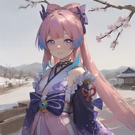 (((masterpiece))),(((best quality))), ((ultra-detailed)), (best illustration), 1girl, solo, blush, smug, smile, purple eyes, choker, gradient eyes, no pupils, multicolored_hair, pink hair, blue hair, long hair,<lora:sangonomiyaKokomi_v10:0.5>, sangonomiya kokomi, ((kimono)), outdoors, sakura trees, sakura, facing towards viewer, front view