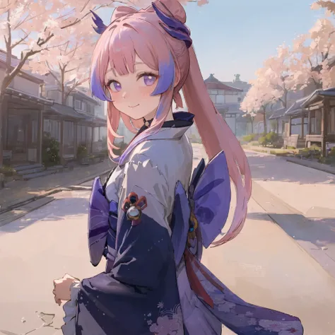 (((masterpiece))),(((best quality))), ((ultra-detailed)), (best illustration), 1girl, solo, blush, smug, smile, purple eyes, choker, gradient eyes, no pupils, multicolored_hair, pink hair, blue hair, long hair,<lora:sangonomiyaKokomi_v10:0.5>, sangonomiya kokomi, ((kimono)), outdoors, sakura trees, sakura, facing towards viewer, front view