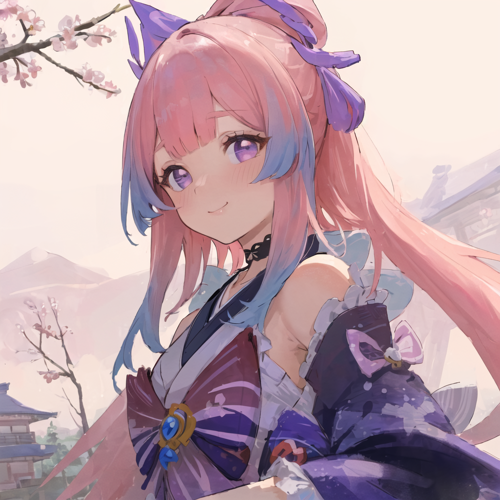 Anime girl with long pink hair and blue eyes in a purple dress - SeaArt AI