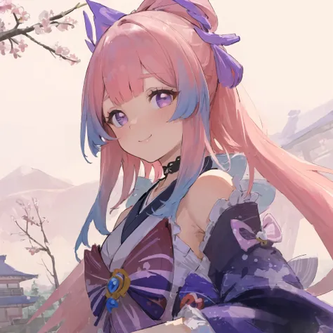 (((masterpiece))),(((best quality))), ((ultra-detailed)), (best illustration), 1girl, solo, blush, smug, smile, purple eyes, choker, gradient eyes, no pupils, multicolored_hair, pink hair, blue hair, long hair,<lora:sangonomiyaKokomi_v10:0.5>, sangonomiya kokomi, ((kimono)), outdoors, sakura trees, sakura, facing towards viewer, front view