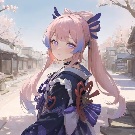 (((masterpiece))),(((best quality))), ((ultra-detailed)), (best illustration), 1girl, solo, blush, smug, smile, purple eyes, choker, gradient eyes, no pupils, multicolored_hair, pink hair, blue hair, long hair,<lora:sangonomiyaKokomi_v10:0.5>, sangonomiya kokomi, ((kimono)), outdoors, sakura trees, sakura, facing towards viewer, front view