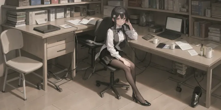 1girl,((masterpiece)), (photorealistic:1.4),solo,queen's chair, night, night sky, office shot, formal dress, bodysuit, black dress,black skirt, black Pantyhose, royal shoes, black hair, sitting on chair, game cg,The room has windows,Only one person,single,beauty face,divine goddess, shiny skin, skindentation, lace,