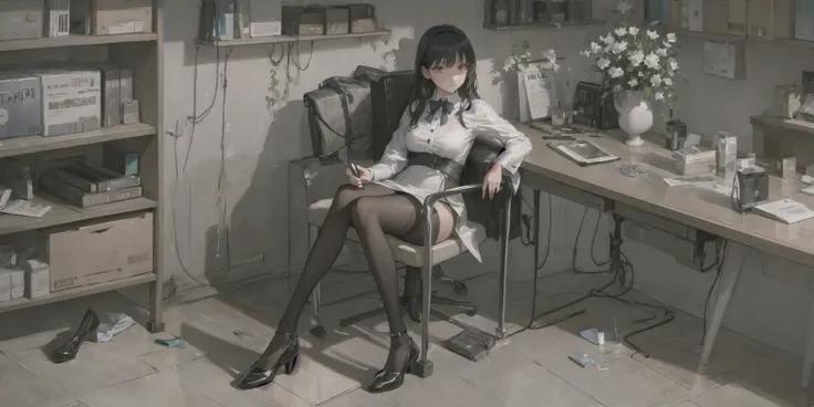 1girl,((masterpiece)), (photorealistic:1.4),solo,queen's chair, night, night sky, office shot, formal dress, bodysuit, black dress,black skirt, black Pantyhose, royal shoes, black hair, sitting on chair, game cg,The room has windows,Only one person,single,beauty face,divine goddess, shiny skin, skindentation, lace,